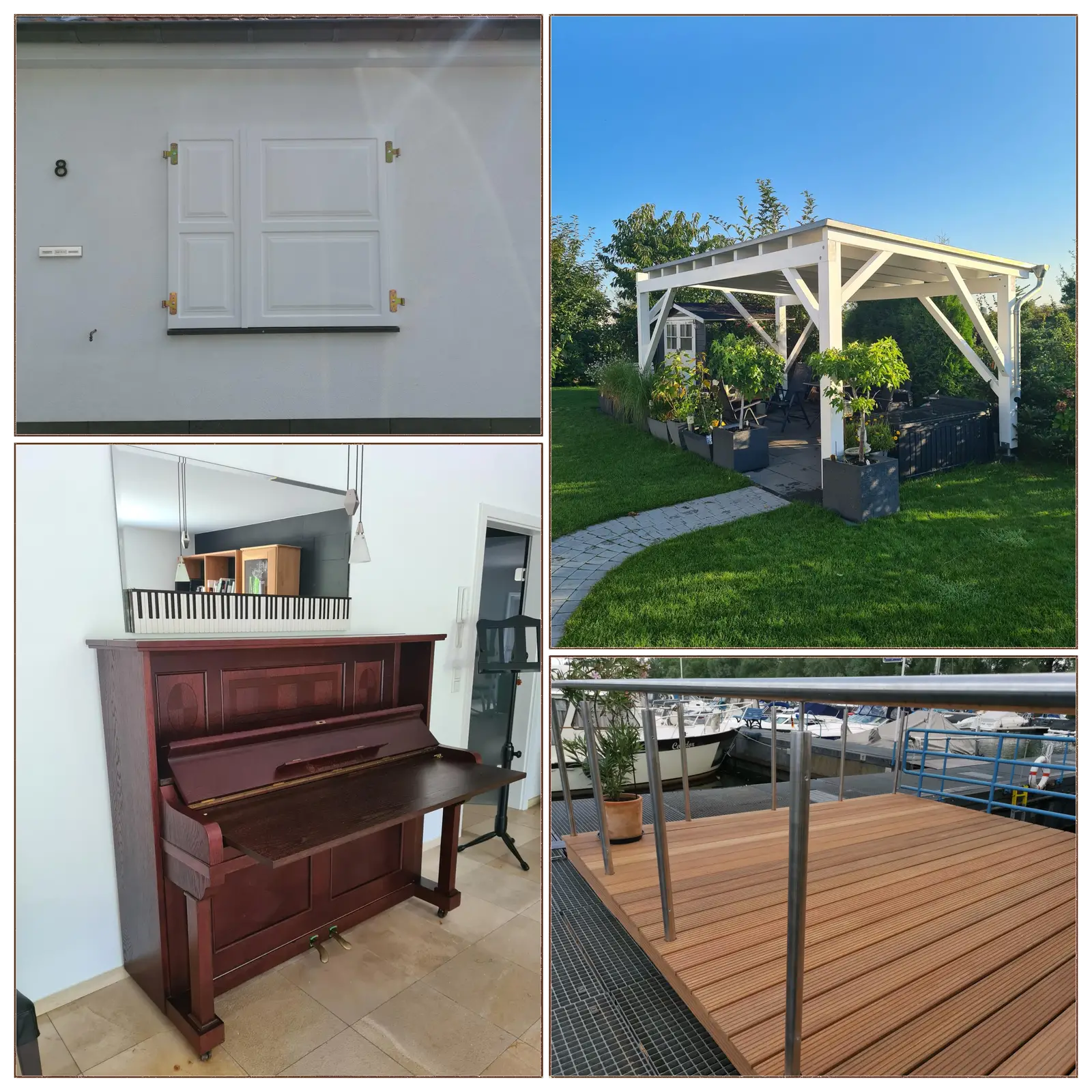 Fotocollage unserer Arbeiten,
 Klavier,
 Fensterläden,
 Pergola,
 Terrasse